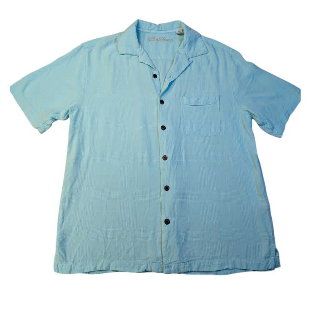 Caribbean Shirt Men's Medium Aqua Blue Button Up Collared Short Sleeve Rayon